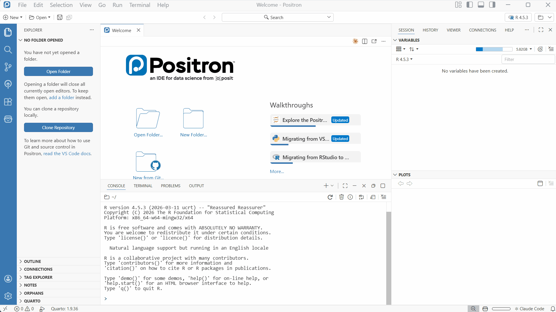 Positron IDE showing a workflow of opening a folder, creating a script, writing code, executing it, and exploring the output in the console, plots pane, data viewer, and help pane.