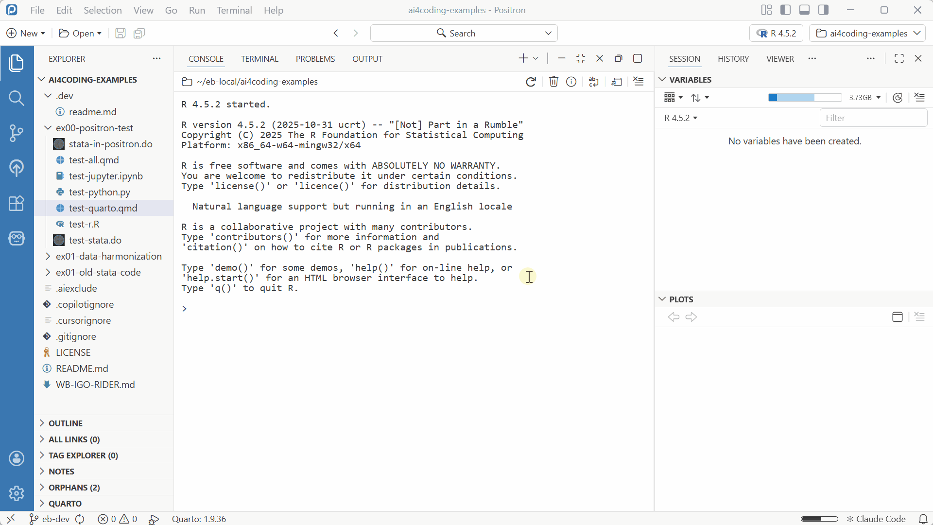 Positron IDE showing how to access settings through the command palette.