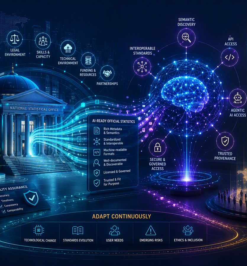 Illustration of AI-ready official statistics: a glowing brain over a national statistics building, surrounded by icons for legal, skills, technical environment, funding, partnerships, API access, agentic access and trusted provenance