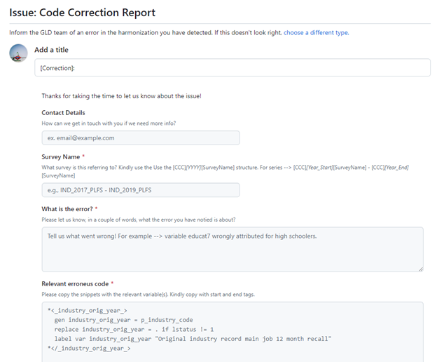 GLD code correction issue template