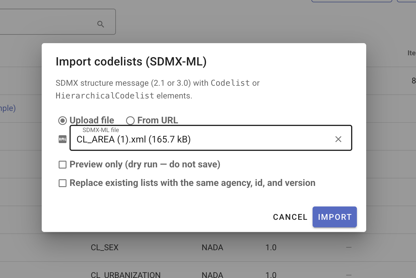 Import codelists SDMX dialog