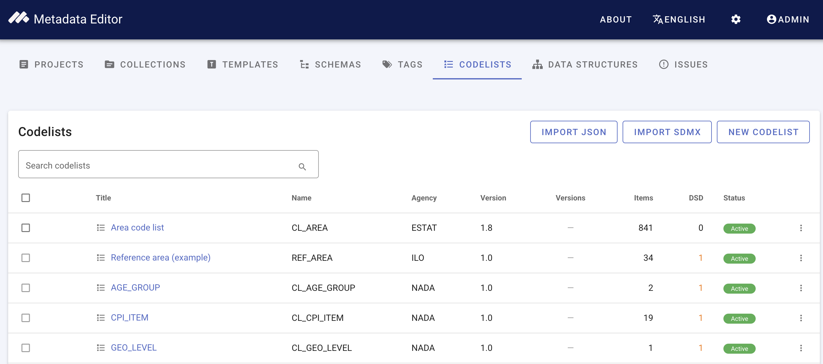 Codelists registry list