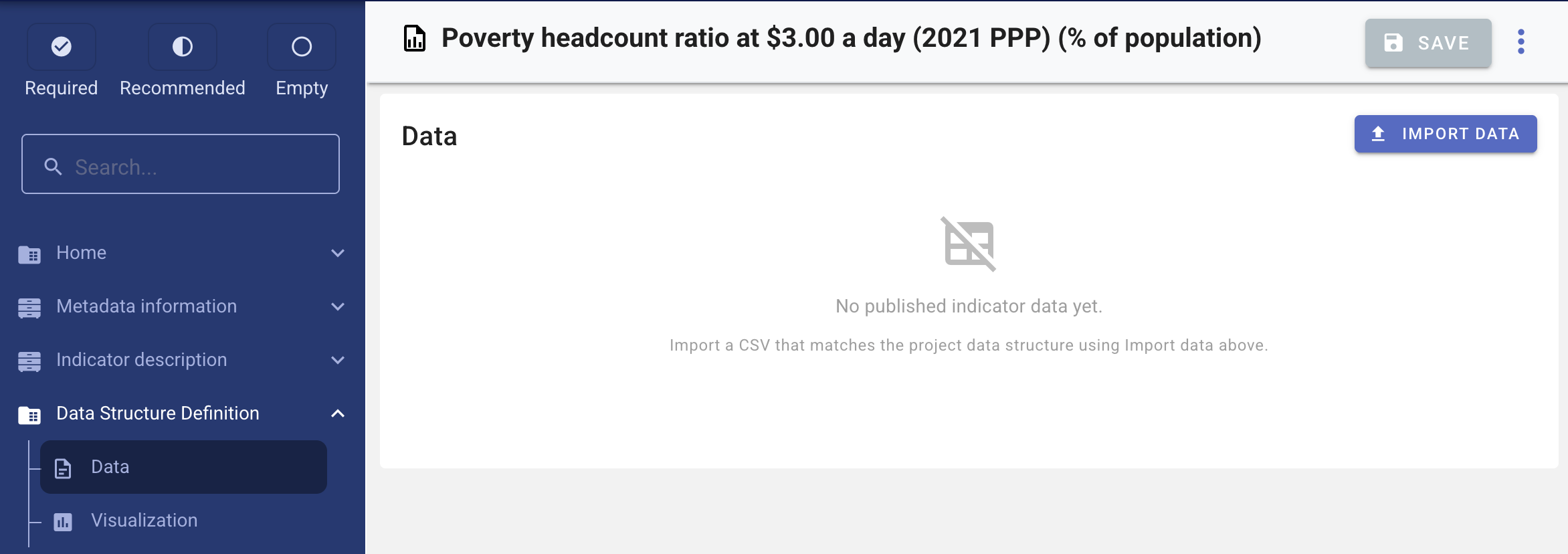 Data page — browse view with Import data button