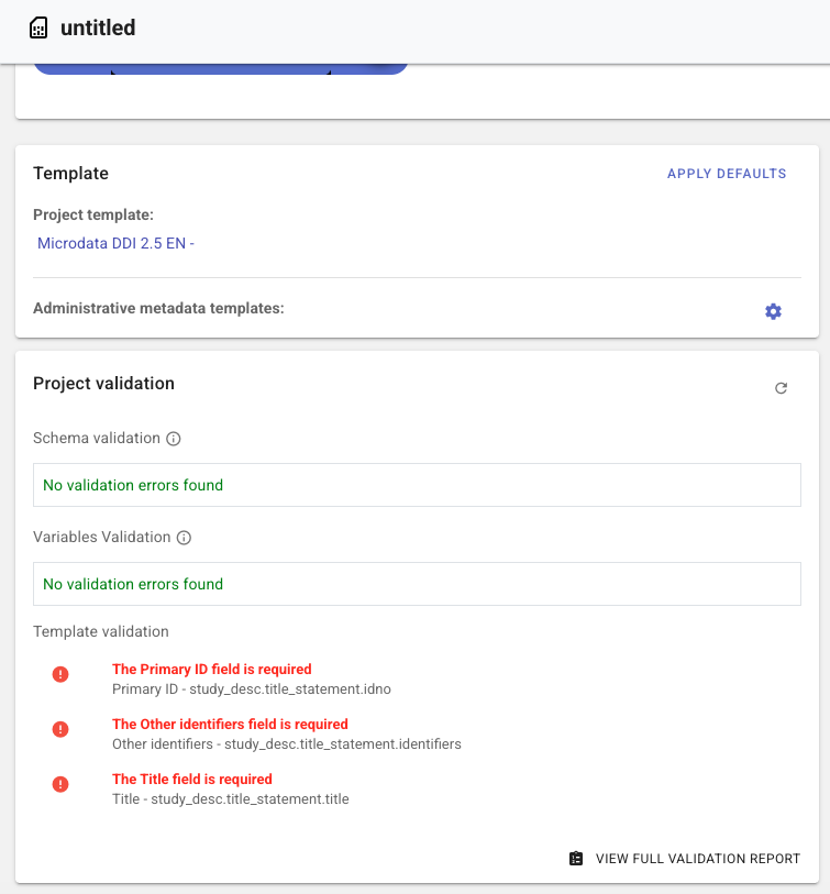 Project home — Project validation panel