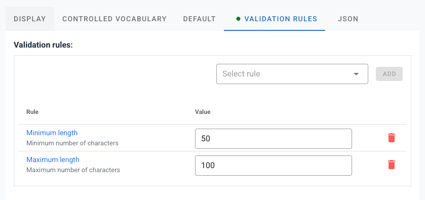 Template Manager validation rules tab