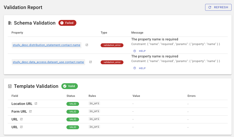 Validation report — schema and template sections