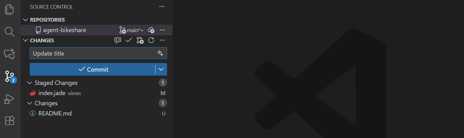Screenshot of the VS Code Source Control view. A commit message box contains the text Update title, and below it a blue Commit button. Under a Staged Changes heading the file index.jade is listed, and under a separate Changes heading the file README.md remains unstaged.