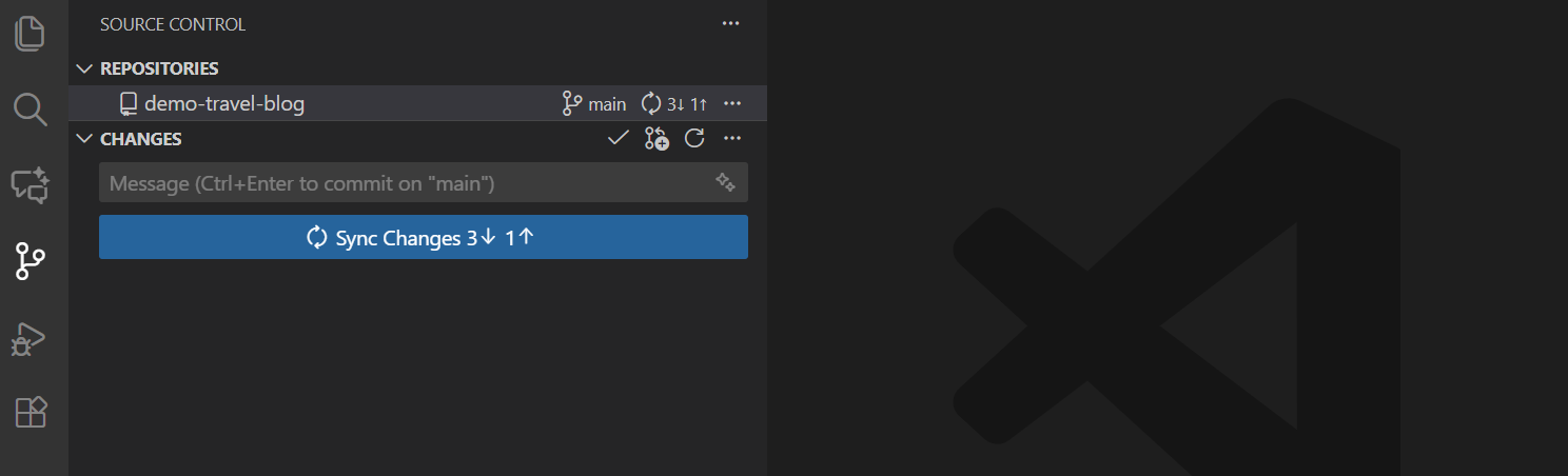 Screenshot of the VS Code Source Control view for a repository named demo-travel-blog on branch main. Next to the branch name a sync icon shows 3 down-arrow and 1 up-arrow, and a blue button reads Sync Changes 3 down-arrow 1 up-arrow, indicating three commits to pull and one to push.