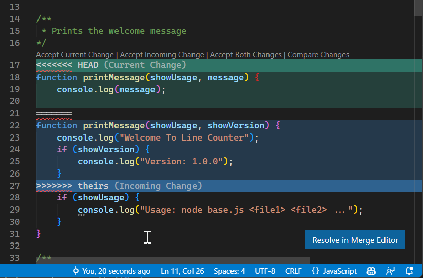 Screenshot of a VS Code editor showing a merge conflict in a JavaScript file. A row of blue link actions reads Accept Current Change, Accept Incoming Change, Accept Both Changes, Compare Changes. Below it the current change is highlighted in green between markers reading less-than signs HEAD Current Change, and the incoming change is highlighted in blue above a marker reading greater-than signs theirs Incoming Change. A blue button at the bottom right reads Resolve in Merge Editor.