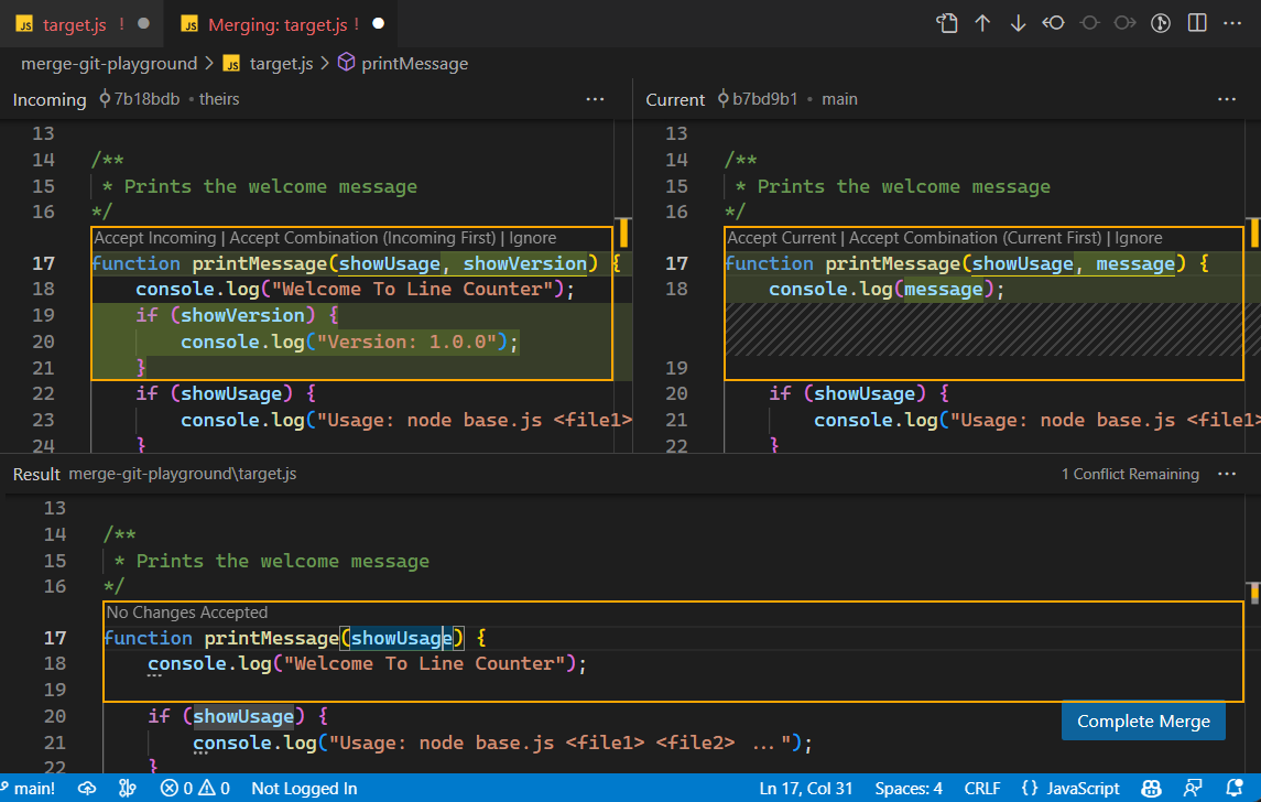 Screenshot of the VS Code 3-way merge editor. The top half is split into two panes: Incoming on the left and Current on the right, each showing a different version of the same JavaScript function with checkbox actions reading Accept Incoming, Accept Combination and Ignore. The bottom pane, labelled Result, shows the merged file being assembled, with a note reading No Changes Accepted, a counter reading 1 Conflict Remaining, and a blue Complete Merge button.