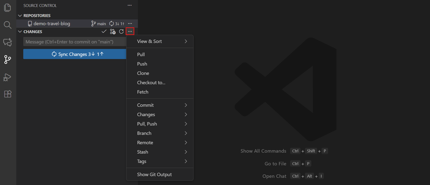 Screenshot of the VS Code Source Control view with the ellipsis menu open, showing a list of Git commands including Pull, Push, Fetch, Commit, Changes, Branch, Remote and Stash.