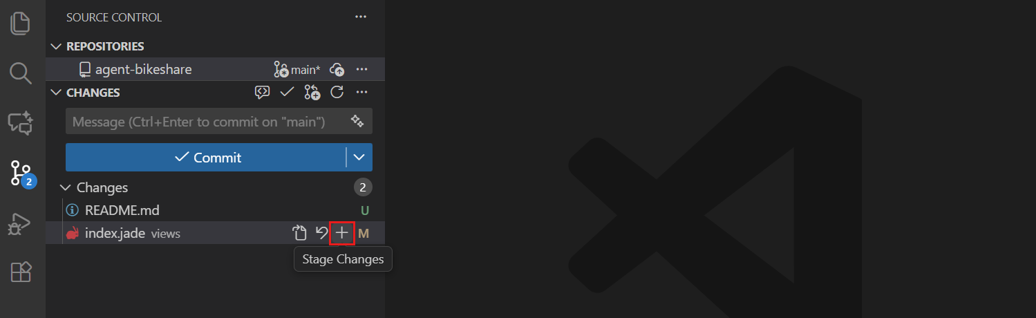 Screenshot of the VS Code Source Control view showing a repository named agent-bikeshare on branch main. Under a Changes heading two files are listed, README.md and index.jade. The mouse hovers over index.jade and a plus button is highlighted with a red rectangle, with a tooltip reading Stage Changes.